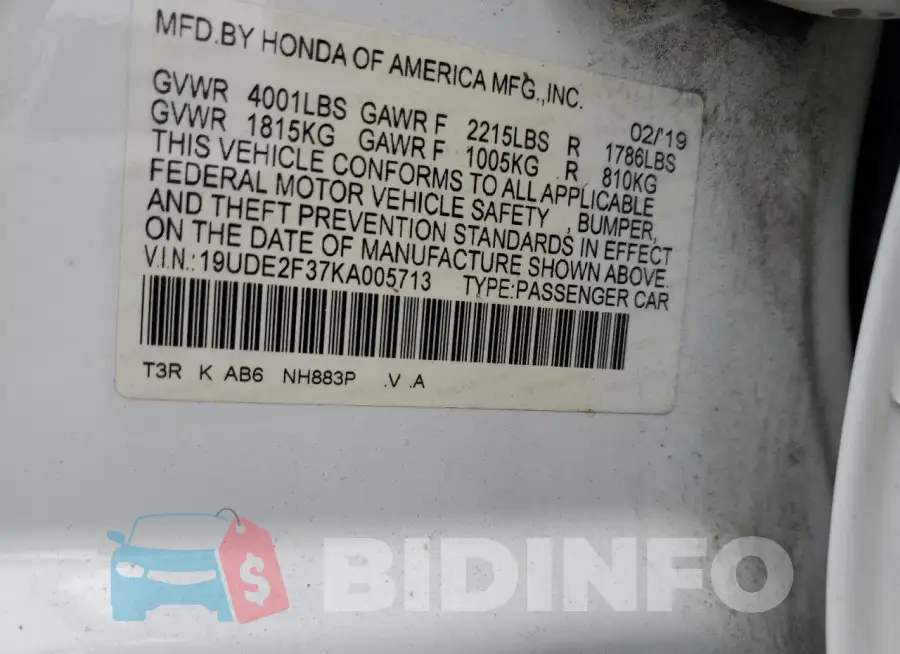 19UDE2F37KA005713 Photo# 12