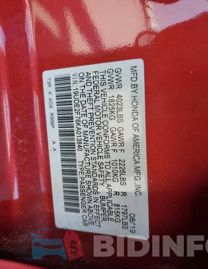 19UDE2F76KA013840 Photo# 12