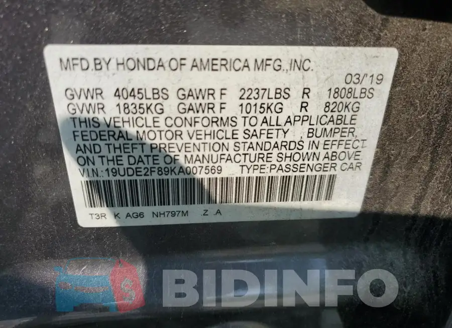 19UDE2F89KA007569 Photo# 12