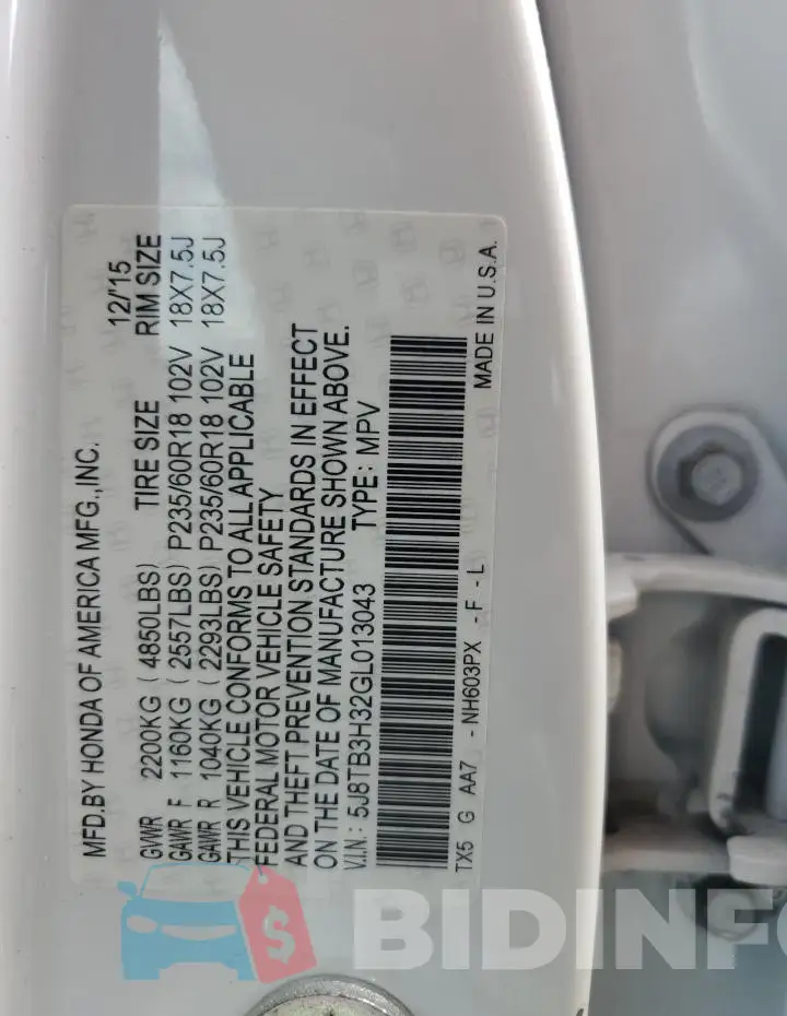 5J8TB3H32GL013043 Photo# 12