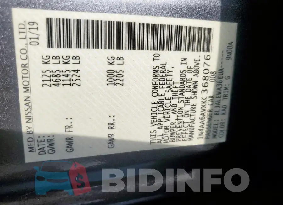1N4AA6AVXKC368076 Photo# 13