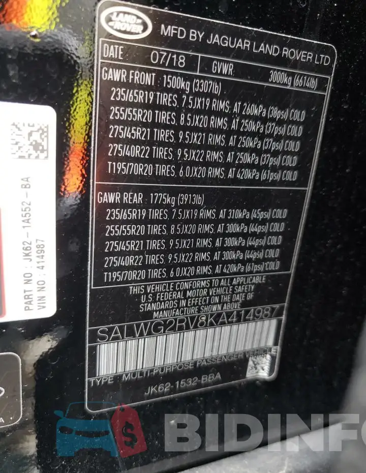 SALWG2RV8KA414987 Photo# 13