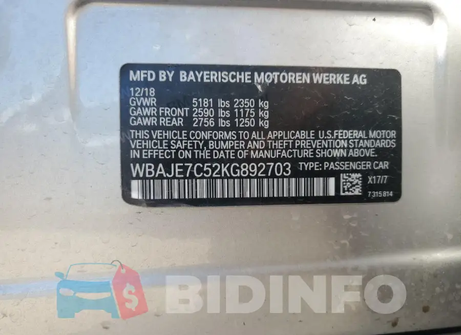 WBAJE7C52KG892703 Photo# 12