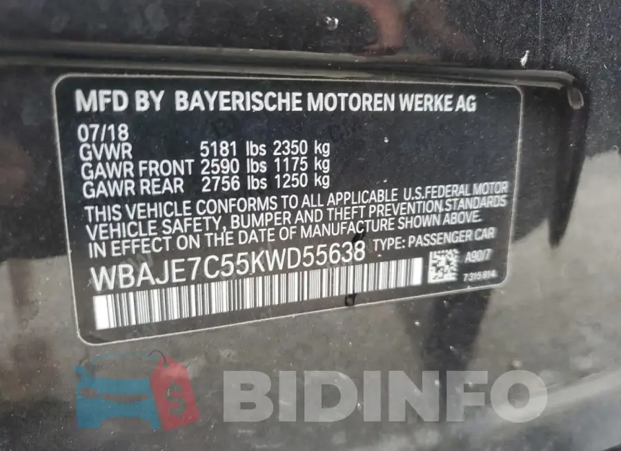 WBAJE7C55KWD55638 Photo# 13
