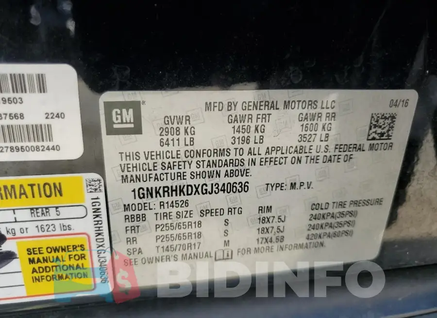 1GNKRHKDXGJ340636 Photo# 12