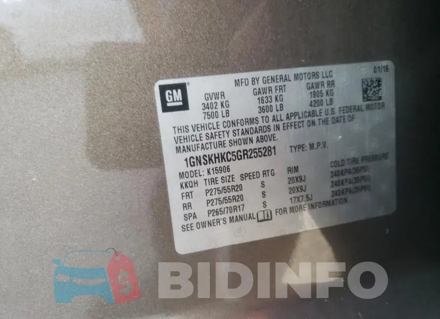 1GNSKHKC5GR255281 Photo# 13