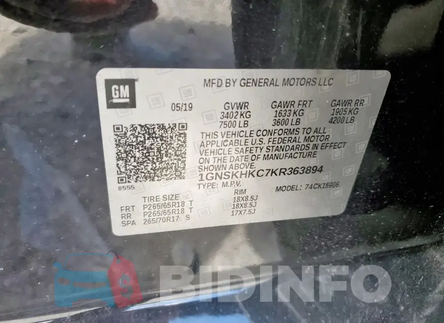 1GNSKHKC7KR363894 Photo# 13