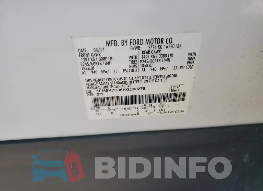1FM5K7B86HGD00278 Photo# 14