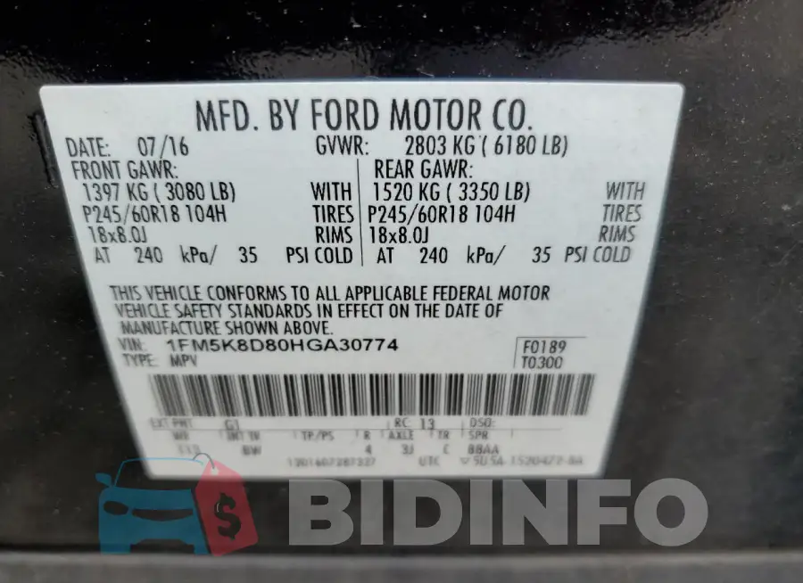 1FM5K8D80HGA30774 Photo# 13