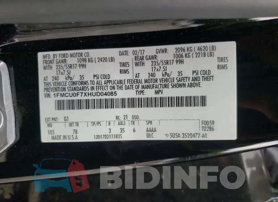 1FMCU0F7XHUD04085 Photo# 13