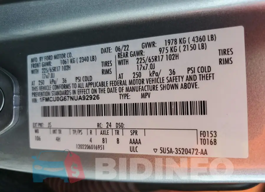 1FMCU0G67NUA92926 Photo# 13