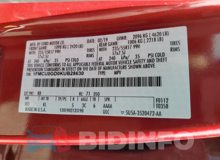 1FMCU0GD0KUB28630 Photo# 14