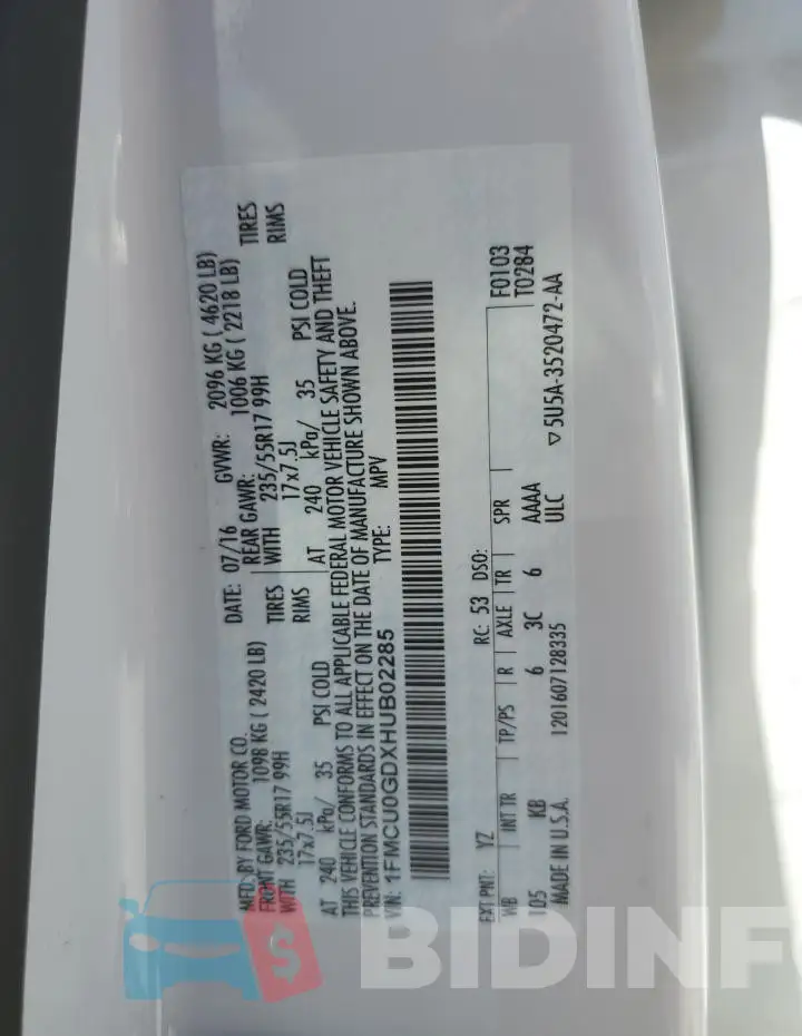 1FMCU0GDXHUB02285 Photo# 12