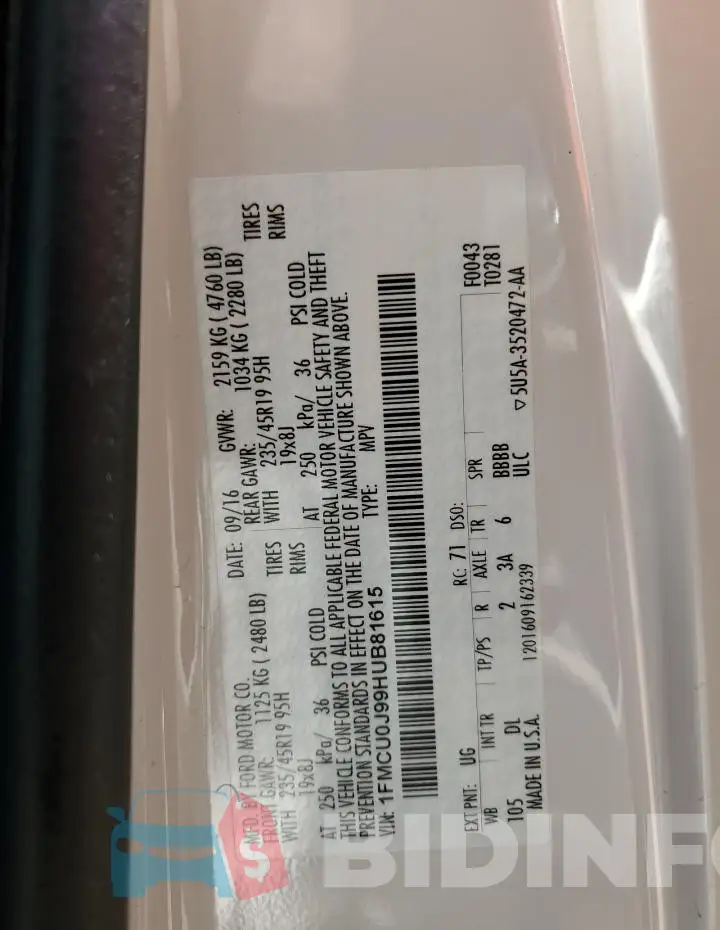 1FMCU0J99HUB81615 Photo# 12