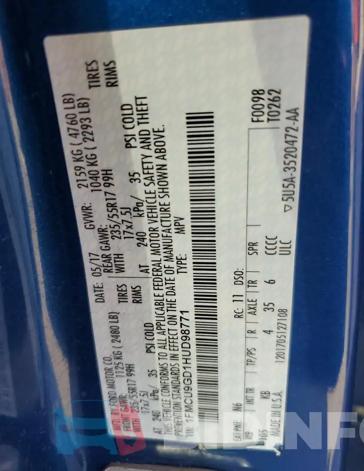 1FMCU9GD1HUD98771 Photo# 13
