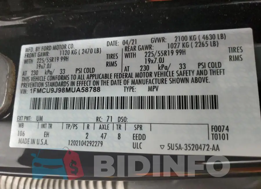 1FMCU9J98MUA58788 Photo# 13