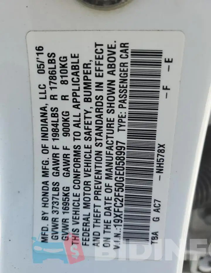 19XFC2F50GE058997 Photo# 13