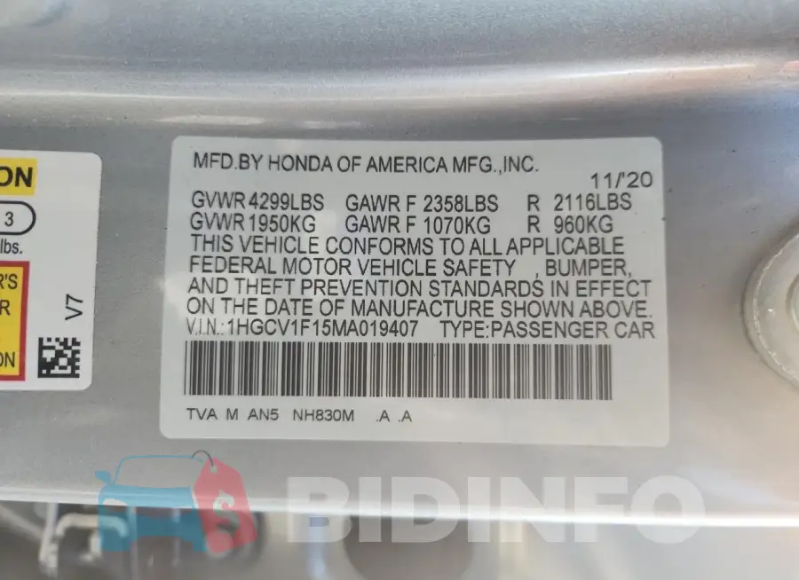 1HGCV1F15MA019407 Photo# 12