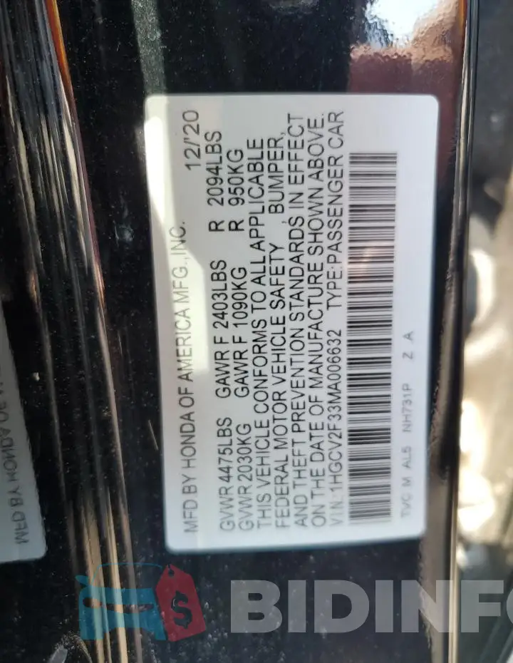 1HGCV2F33MA006632 Photo# 13