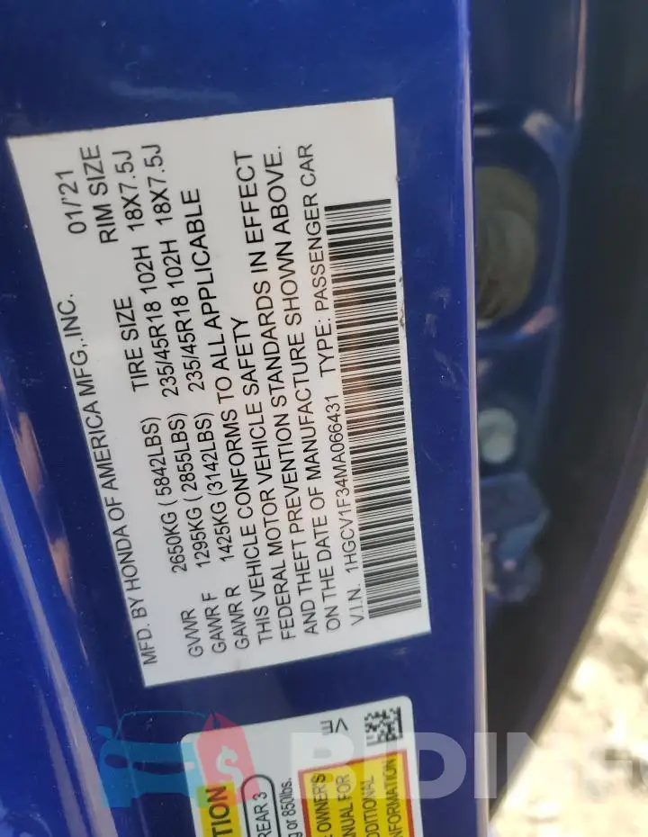 1HGCV2F34KA010833 Photo# 12