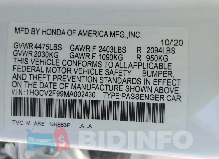 1HGCV2F99MA002430 Photo# 12