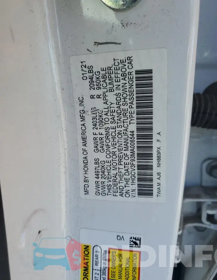 1HGCV3F93MA006544 Photo# 12