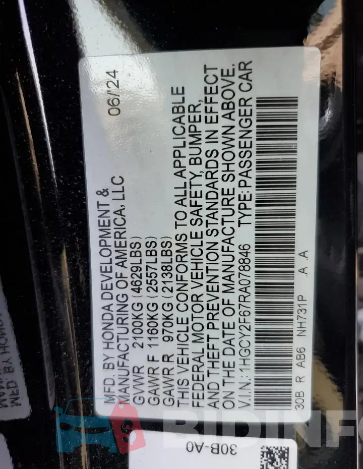 1HGCY2F67RA078846 Photo# 12