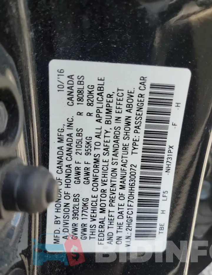 2HGFC1F70HH630072 Photo# 12