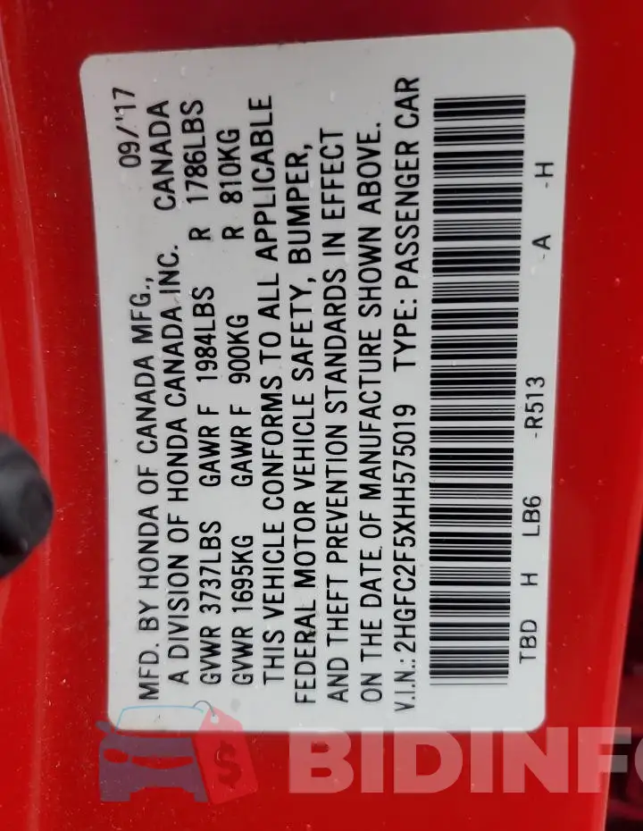 2HGFC2F5XHH575019 Photo# 12