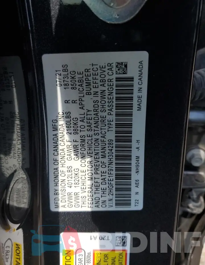 2HGFE1F97NH304289 Photo# 13