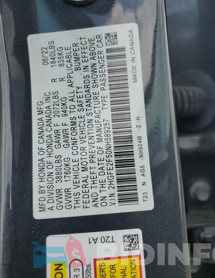 2HGFE2F50NH589257 Photo# 12