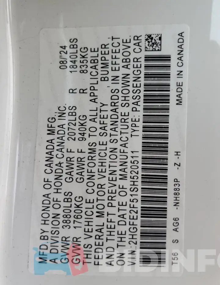 2HGFE2F51SH520511 Photo# 12