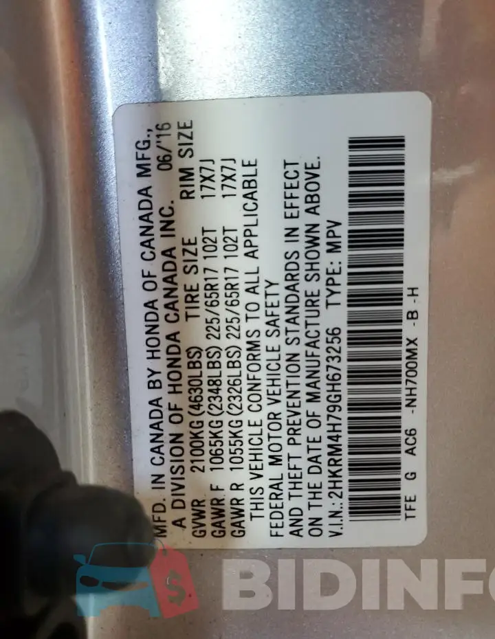 2HKRM4H79GH673256 Photo# 14