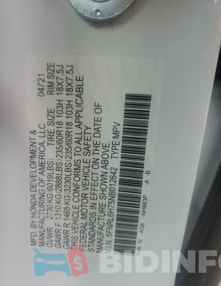 5FNRL6H75NB012642 Photo# 14