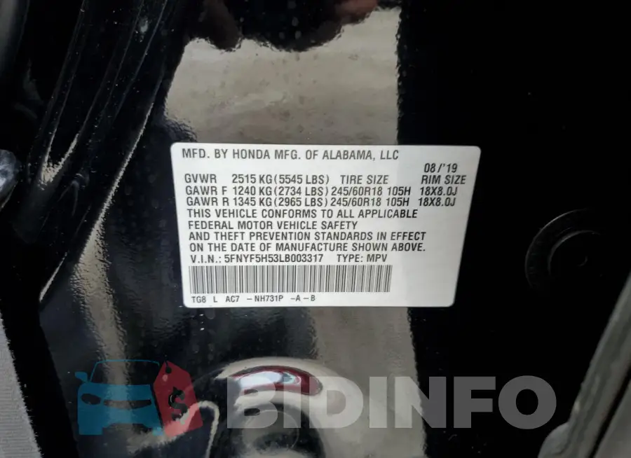 5FNYF5H53LB003317 Photo# 13