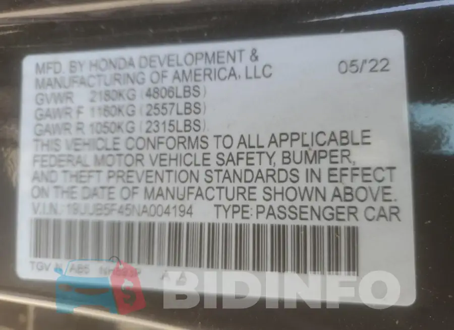 19UUB5F45NA004194 Photo# 12