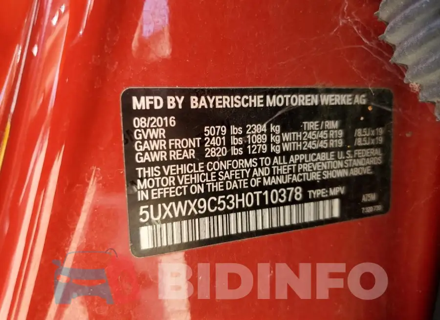 5UXWX9C53H0T10378 Photo# 12