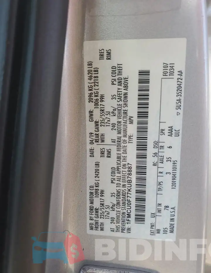 1FMCU0F77KUB78887 Photo# 14
