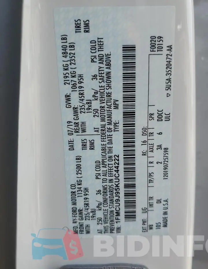 1FMCU9J95KUC44222 Photo# 14