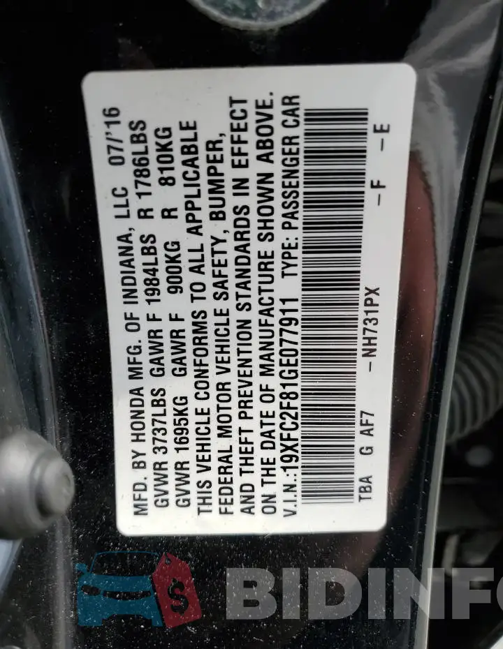 19XFC2F81GE077911 Photo# 13