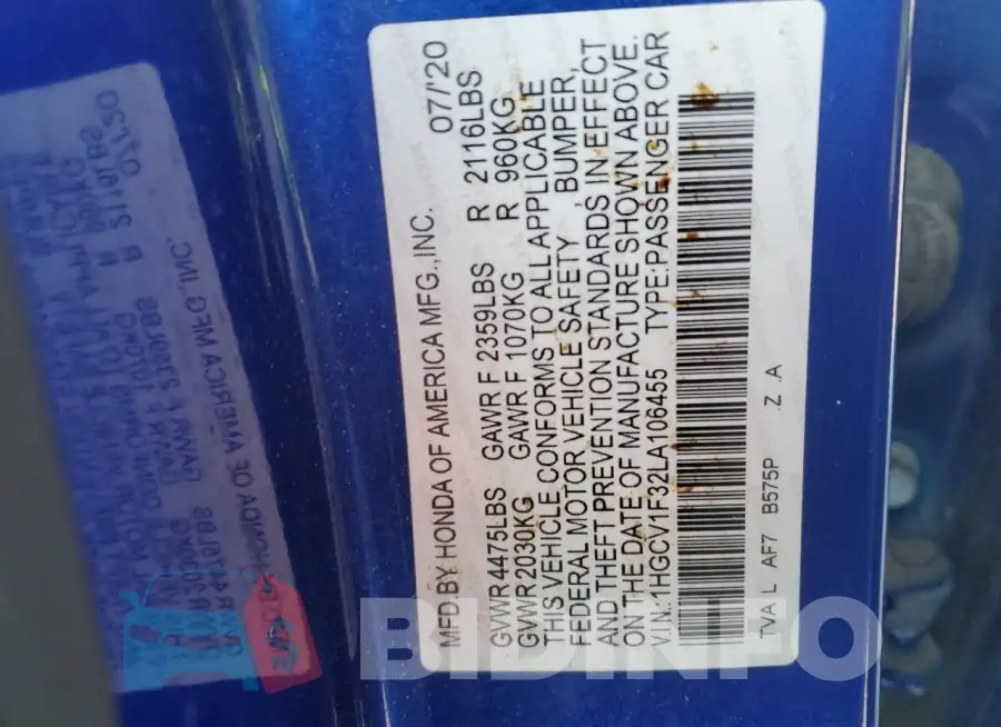 1HGCV1F32LA106455 Photo# 12
