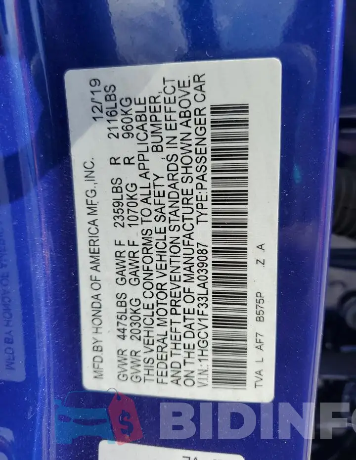 1HGCV1F33LA039087 Photo# 12