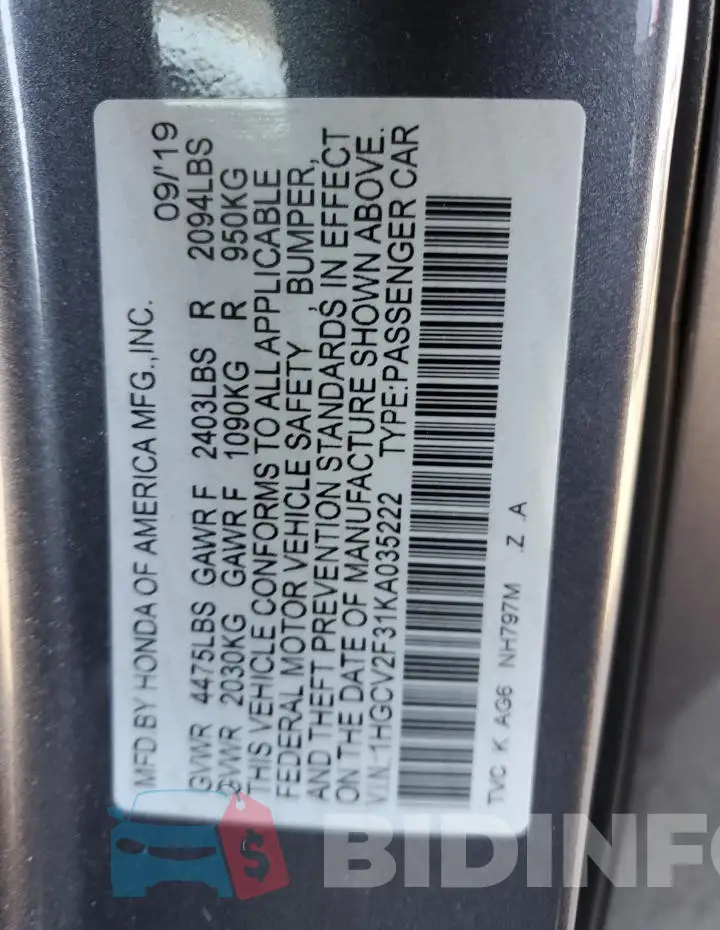 1HGCV2F31KA035222 Photo# 13
