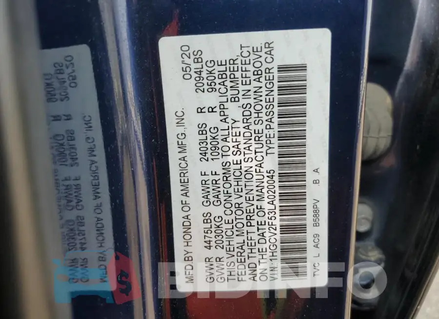 1HGCV2F53LA020045 Photo# 13