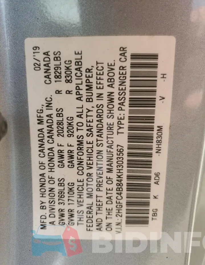 2HGFC4B84KH303567 Photo# 12