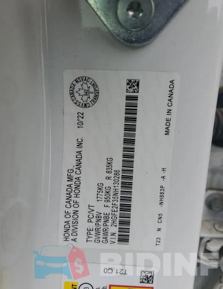 2HGFE2F35NH130286 Photo# 13