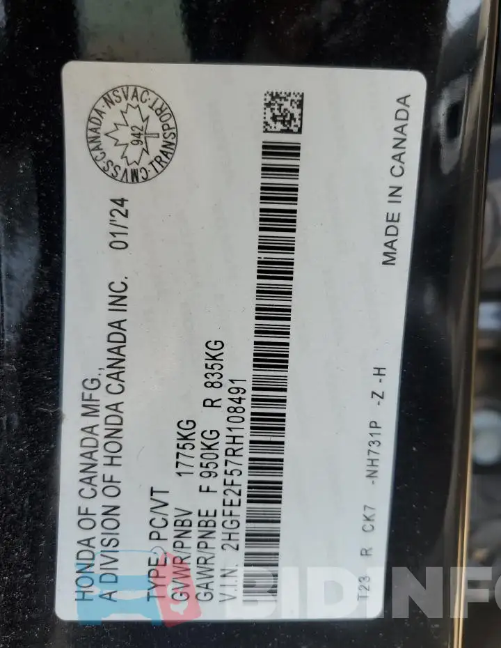 2HGFE2F57RH108491 Photo# 12
