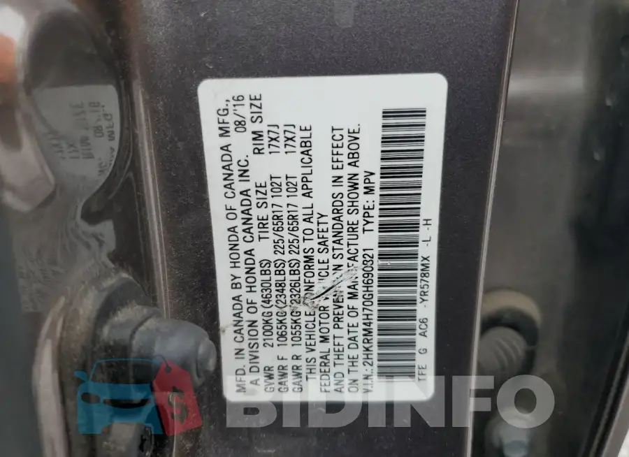 2HKRM4H70GH690821 Photo# 13