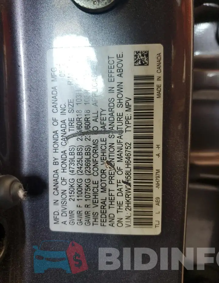 2HKRW2H58LH646752 Photo# 14
