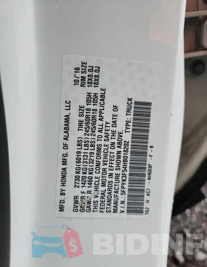 5FPYK3F54HB018202 Photo# 13